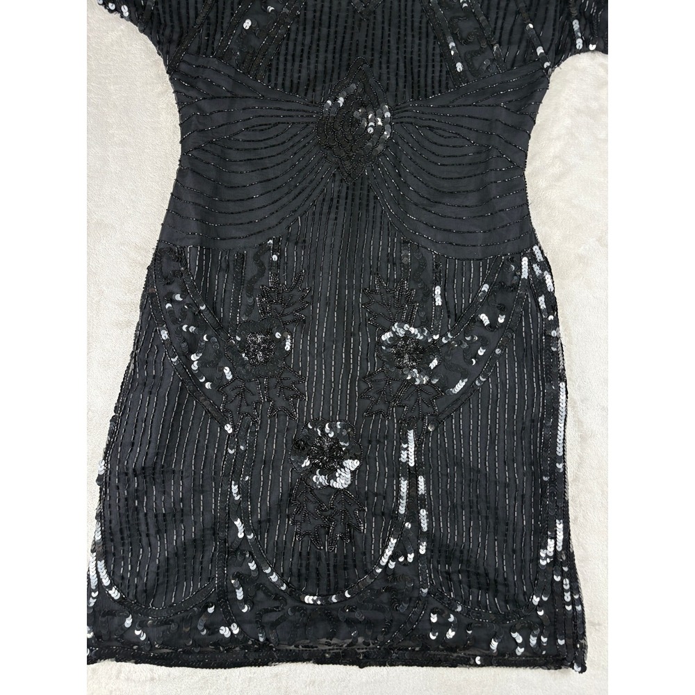 Vintage Carina Black Pure Silk Beaded Sequin Art Deco Flapper Mini Dress Medium - Picture 3 of 9